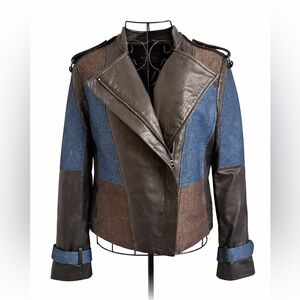 BCBGMaxAzria Black Leather Jacket with Blue and Brown Panels